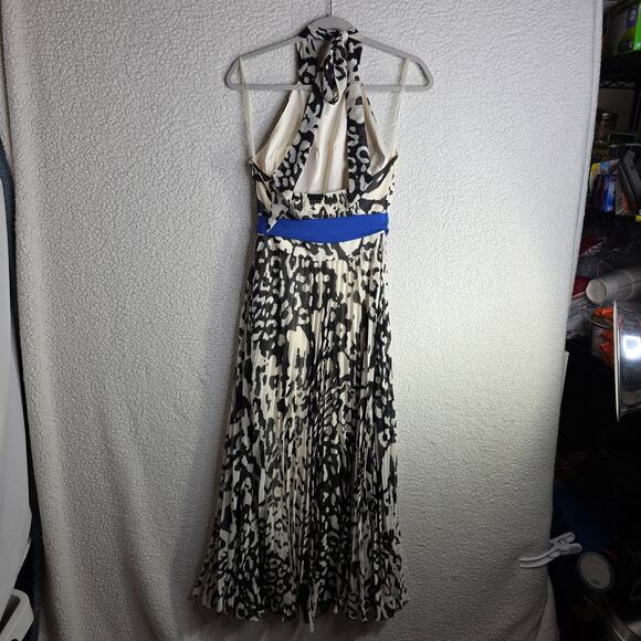Eliza J Halter Sz8 Animal Leopard BlacknWhite W Blue belt accent maxi Dress Sexy - Picture 3 of 16